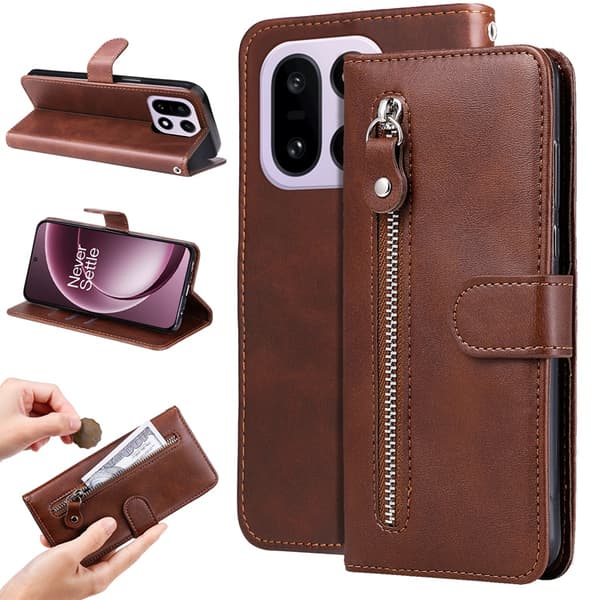 OnePlus 15 5G Plånboksfodral Zipper Pocket Konstläder - Brun Brun