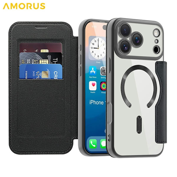AMORUS iPhone 17 Pro Plånboksfodral MagSafe RFID-Skydd Svart