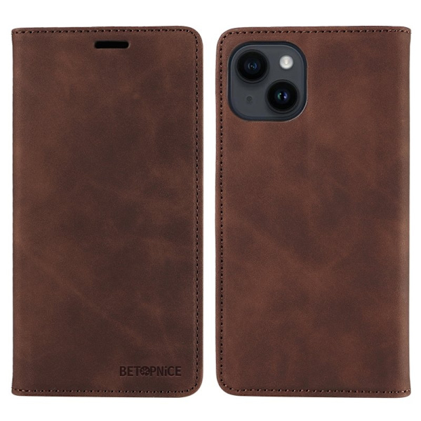 BETOPNICE 003 för iPhone 15 Plånboksfodral RFID Blocking Konstläder - Brun