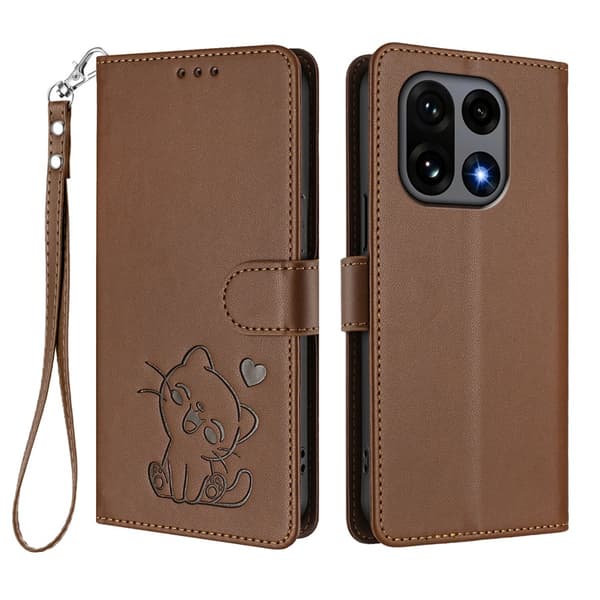 OnePlus 15 5G Konstläder Plånboksfodral Love Cat Pattern Imprint Brun