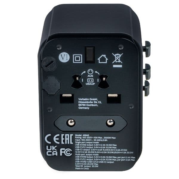 Verbatim Rejselader 30W PD 2xUSB-C 2xUSB-A EU/UK/USA - Sort Svart