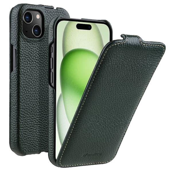MELKCO Mobilskal till iPhone 15 Plus Vertikalt Flip Äkta Läder + PC - Grön