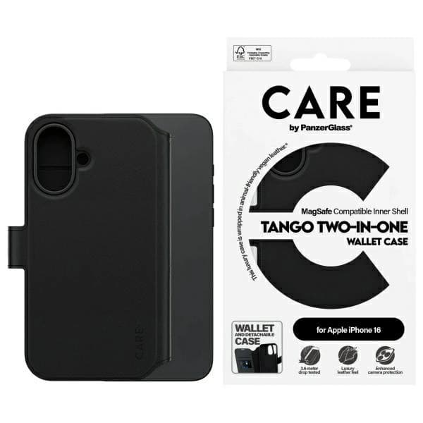 CARE By PanzerGlass iPhone 16 Plånboksfodral MagSafe Tango 2in1 Svart