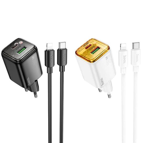 Hoco Hurtigoplader PD 20W USB-A USB-C QC3.0 3A med Lightning-kabel N52 - Sort Svart