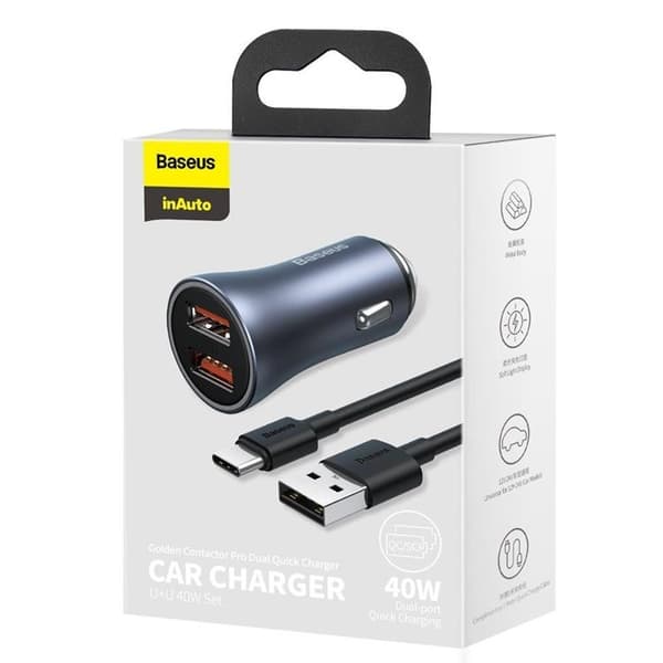 Baseus Hurtig Billader 2x USB 40 W USB-C Kabel - Grå Grå