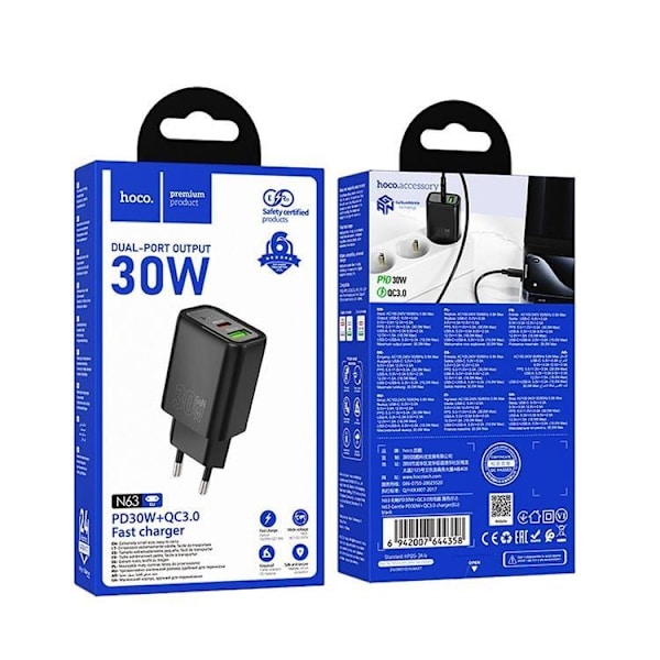 HOCO Snabbladdare USB-A/USB-C 30W N63 QC3.0 3A - Vit Vit