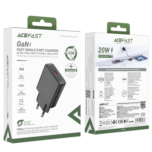 Acefast Väggladdare USB-C 20W GaN - Svart Svart