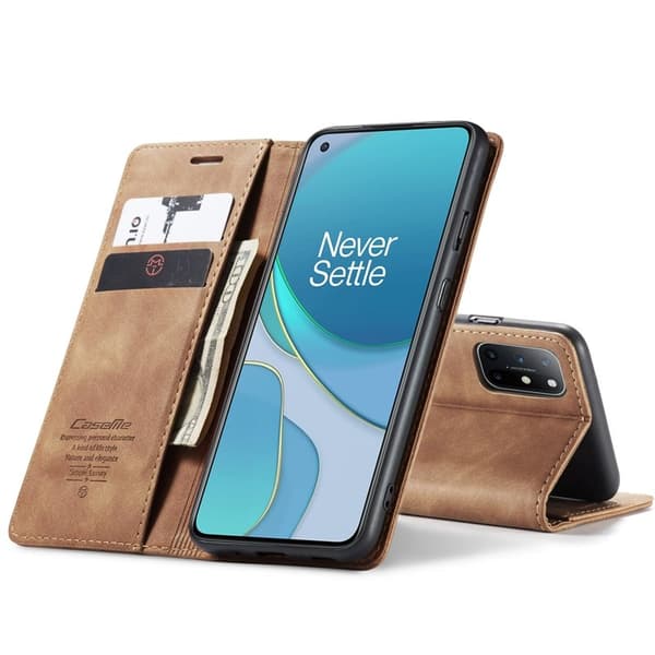 CASEME 013 Auto-absorberande Plånboksfodral Konstläder OnePlus 8T - Brun