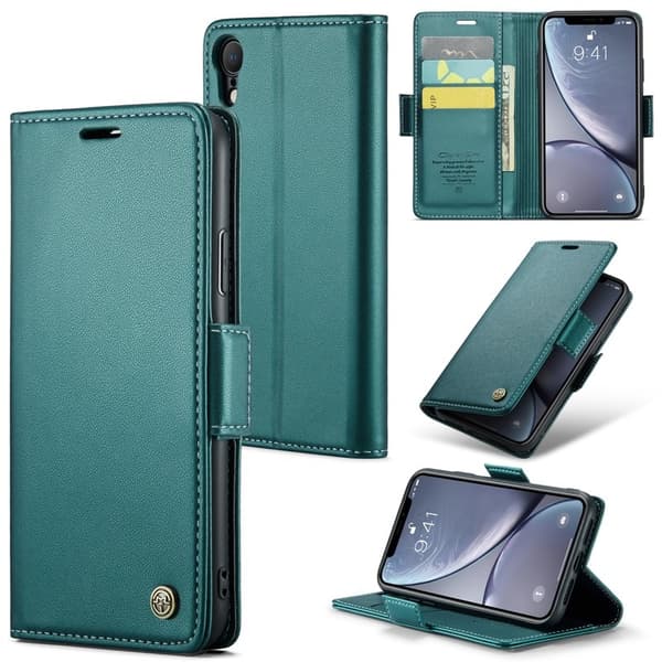 CASEME Plånboksfodral Konstläder till iPhone XR RFID-Skydd Grön