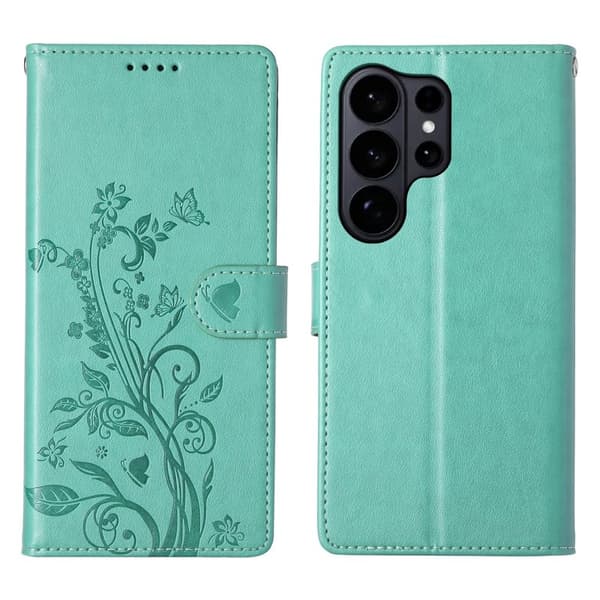 Samsung Galaxy S26 Ultra Plånboksfodral Konstläder Blomtryck - Grön