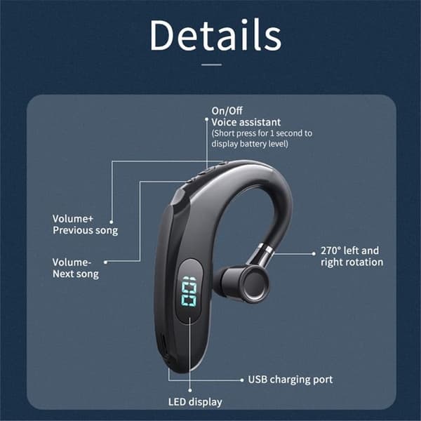 Single In-Ear Hörlur Bluetooth med Digital LED-Display Earhook Q20 Svart