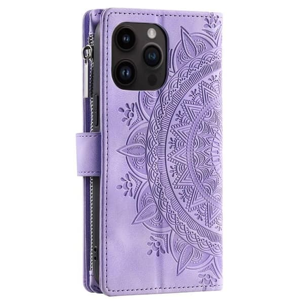 iPhone 15 Pro Max Plånboksfodral Mandala Flower Imprinted - Lila Lila