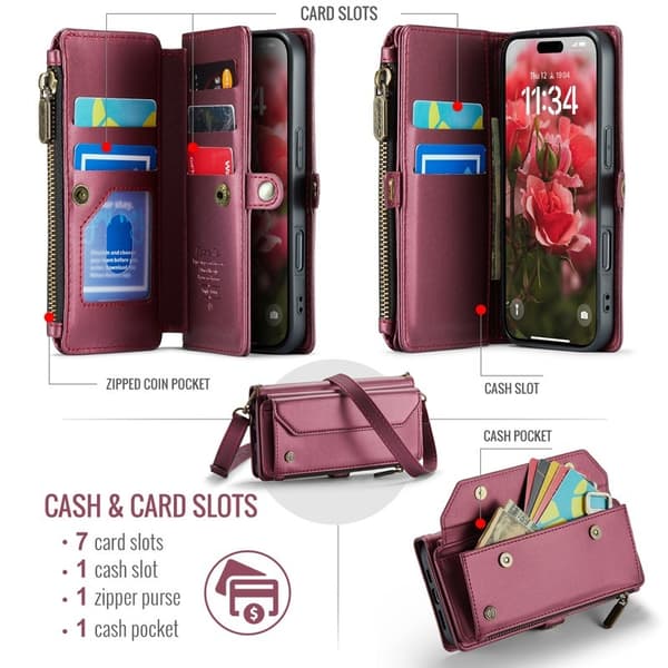 CASEME Plånboksfodral Konstläder för iPhone 17 med dragkedja Röd