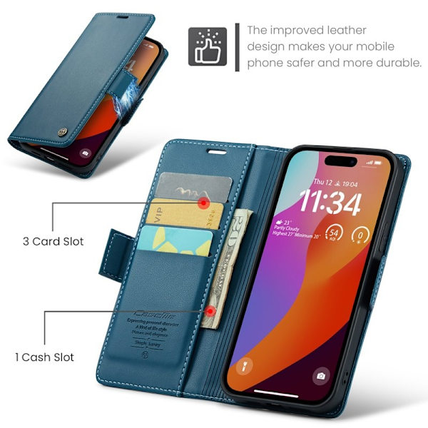 CASEME iPhone 16 Pro Max Plånboksfodral Konstläder RFID-Skydd Blå