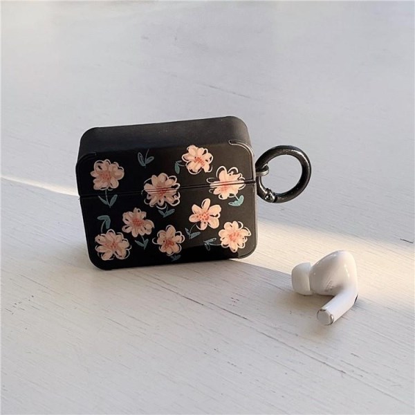 Airpods Pro 2 Skal TPU Läder Floral - Svart/Rosa Svart