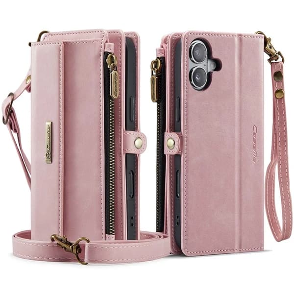 Caseme iPhone 16 Plus Konstläder Plånboksfodral RFID-Skydd Zipper - Rosa Rosa