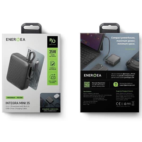 Energea PowerBank 10000mAh 35W USB-C Kabel - Grå Grå