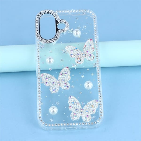 Mobilskal till iPhone 17 Rhinestone Edge Pearl Butterfly Transparent