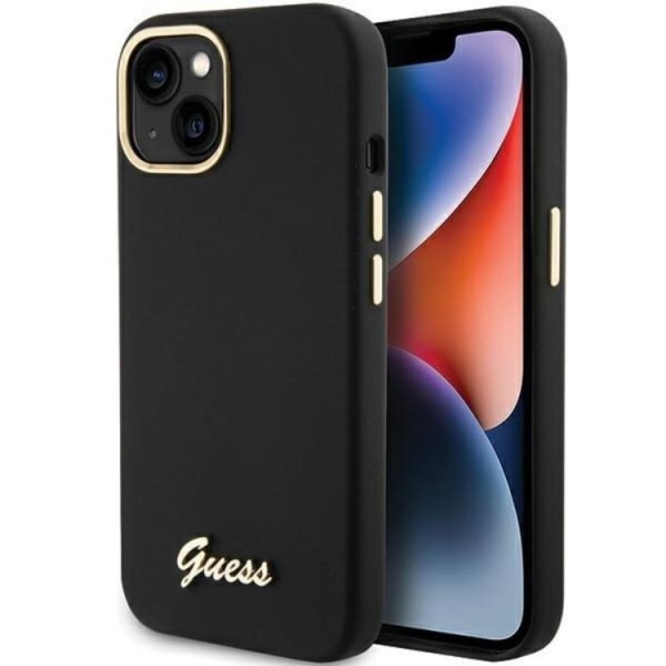 Guess iPhone 15 Mobilskal Silikon Script Metal Logo & Frame - Musta