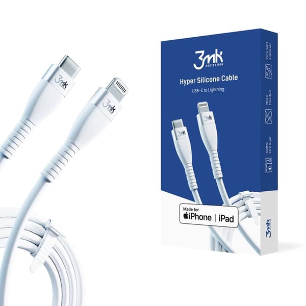 3mK USB-C till Lightning kabel 20W 1m HyperSilikon - Vit Vit