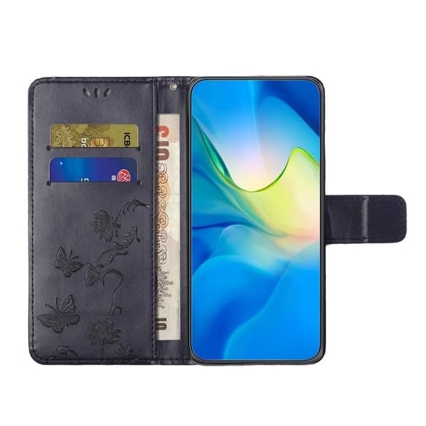 Plånboksfodral för Samsung Galaxy S26 Plus Ställ Impräntad Fjäril - Mörkblå