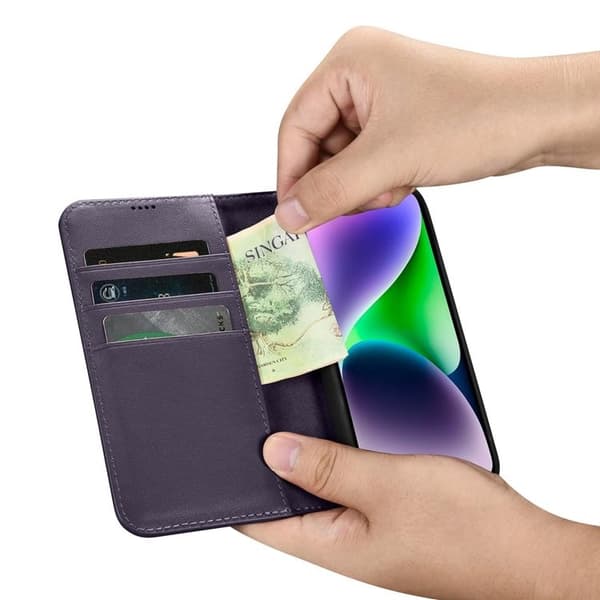 iCarer iPhone 14 Plånboksfodral 2in1 Äkta Läder - Mörklila Lila