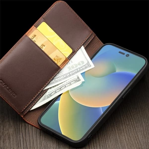 QIALINO iPhone 14 Plus Plånboksfodral Äkta läder - Brun Brun