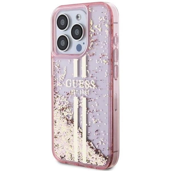 Guess iPhone 15 Pro Mobilskal Liquid Glitter Gold Stripes Rosa