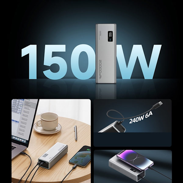 Cuktech Powerbank 20000 mAh 150W 2xUSB-C USB-A - Grå Grå