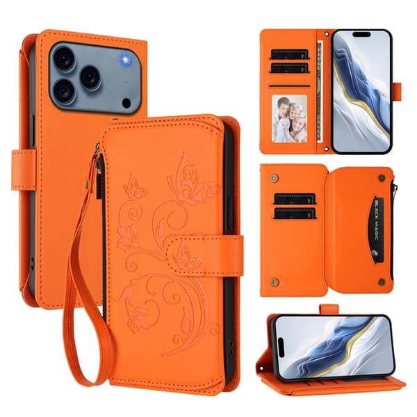 iPhone 17 Pro Max Plånboksfodral Butterfly Floral Imprint - Orange Orange