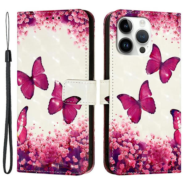 iPhone 16 Pro Plånboksfodral Printing Pattern Med Rem Rosa