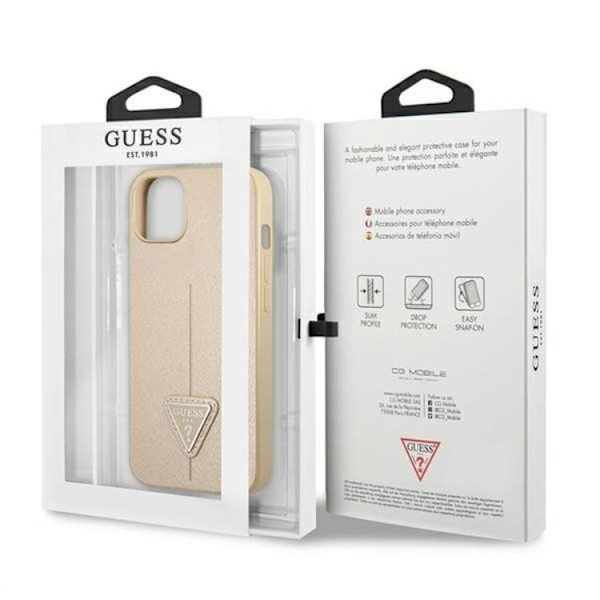 Guess iPhone 13 Mini -kotelo Saffiano Triangle -logo - Beige Beige