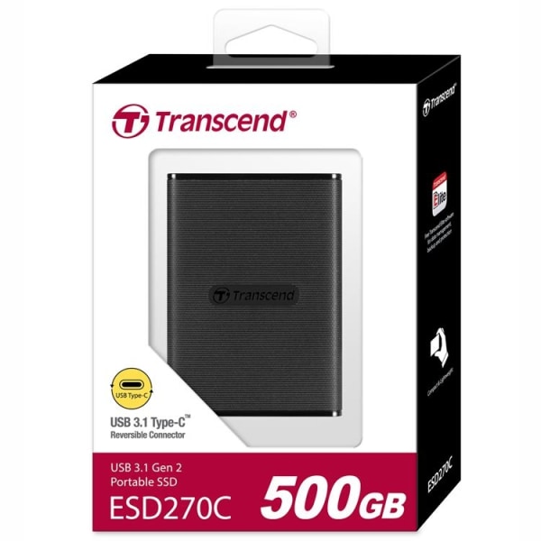 Transcend Portabel SSD ESD270C USB-C 500GB (R520/W460) - Svart