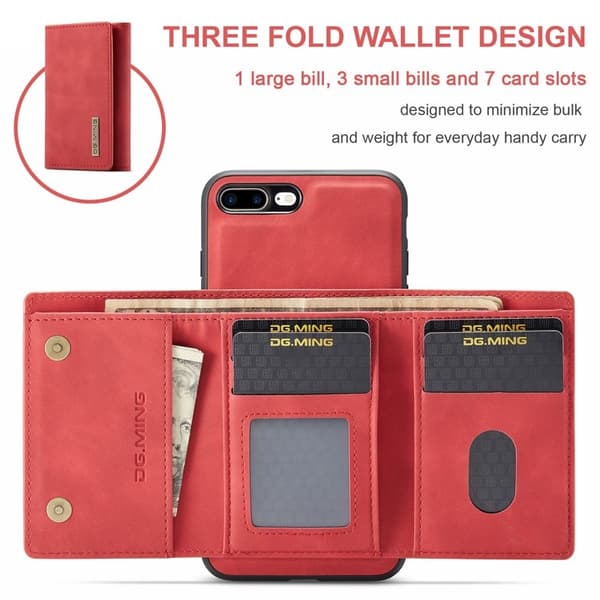 DG.MING M1 Kickstand Plånboksfodral Konstläder för iPhone 7/8 Plus - Röd