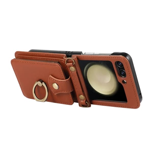 Galaxy Z Flip7 Plånboksfodral Ring Kickstand med Lång rem - Brun Brun