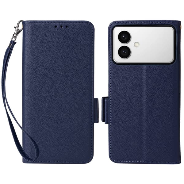 Galaxy S26 Edge Plånboksfodral Litchi Konstläder med Rem - Blå Blå