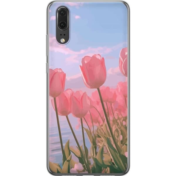 Mobilcover til Huawei P20 med lyserøde tulipaner