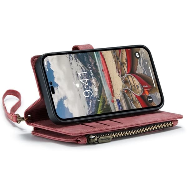 CASEME Konstläder Plånboksfodral för iPhone 14 Pro Max med Rem - Röd