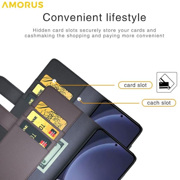 AMORUS Samsung Galaxy S26 Plånboksfodral Äkta Läder - Svart