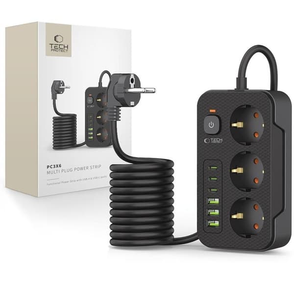 Tech-Protect Grenuttag 3x USB/3x USB-C/3 Sockets 200Ccm - Svart Svart