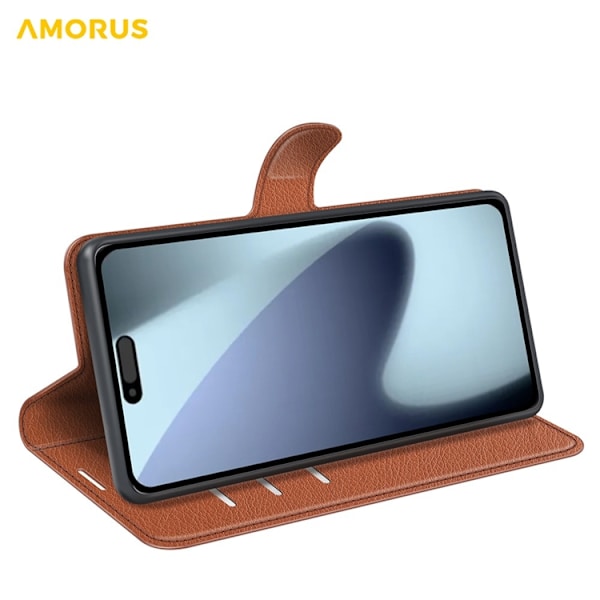 AMORUS iPhone 17 Konstläder Plånboksfodral Flipstativ Litchi - Brun Brun
