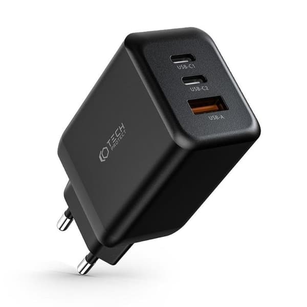 Tech-Protect 3-Port Vægoplader 65W - Sort Svart