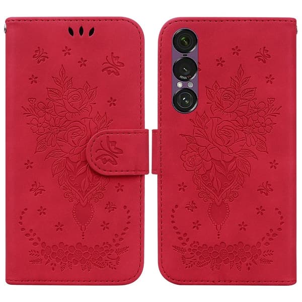 Sony Xperia 1 VII Konstläder Plånboksfodral Butterfly och Flower Pattern - Röd Röd