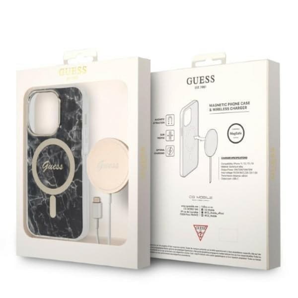 GUESS iPhone 14 Pro Magsafe Skal Marble + Trådløs Oplader - Sort Black
