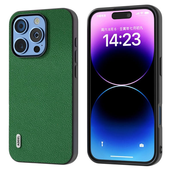 ABEEL Mobilskal till iPhone 16 Pro Litchi Textur Äkta Läder Grön