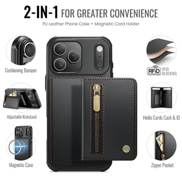 JEEHOOD J12 Mobilskal till iPhone 17 Pro Magnetisk Konstläder Svart