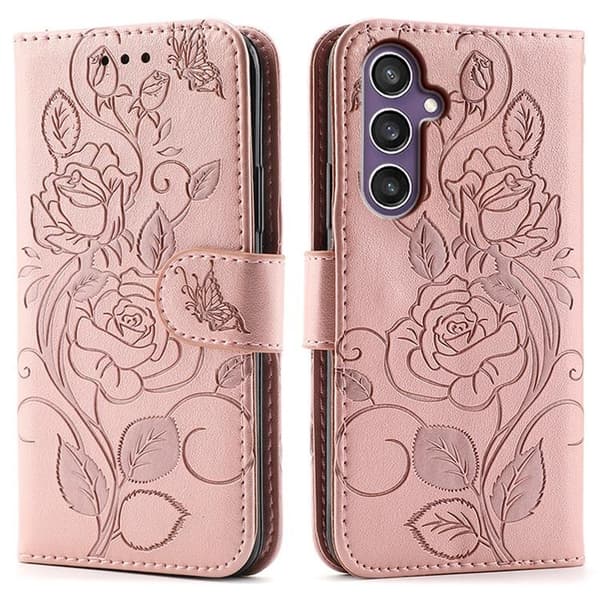 Galaxy S26 Plus Konstläder Plånboksfodral Imprinted Rosa Butterfly Roséguld