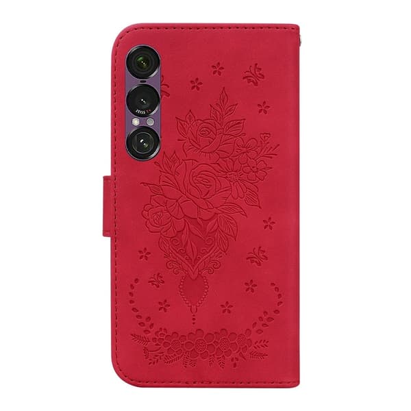 Sony Xperia 1 VII Konstläder Plånboksfodral Butterfly och Flower Pattern - Röd Röd