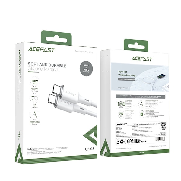 Acefast USB-C til USB-C Kabel 60W 1,2m - Hvid Vit