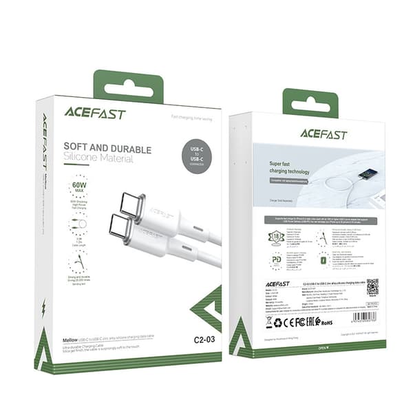Acefast USB-C till USB-C -kaapeli 60W 1,2m - Valkoinen Vit